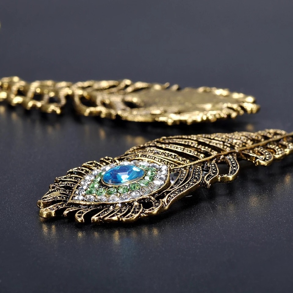 Rhinestone Peacock Eye Feather Boho Gold Earrings - Picture 7 of 11